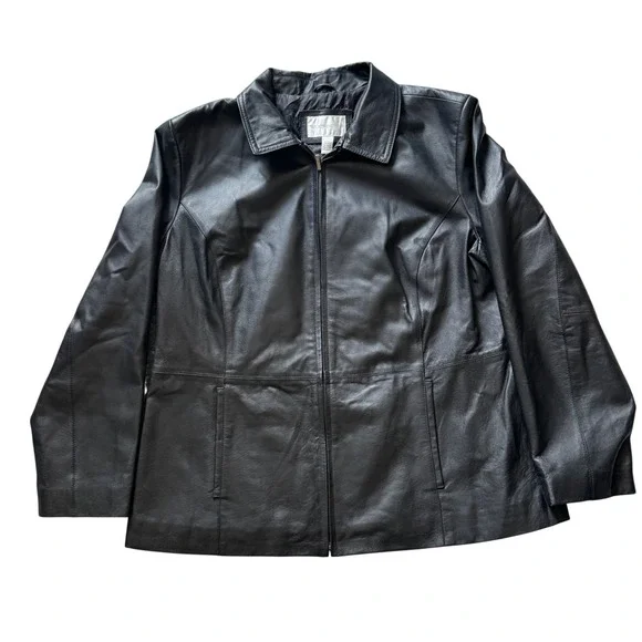Worthington Womens Black Genuine Leather Zip Front Jacket Size 1X Plus - Picture 3 of 9